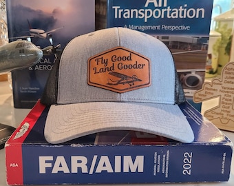 Fly Good Land Gooder Hat: Leather Patch Pilot Baseball Cap