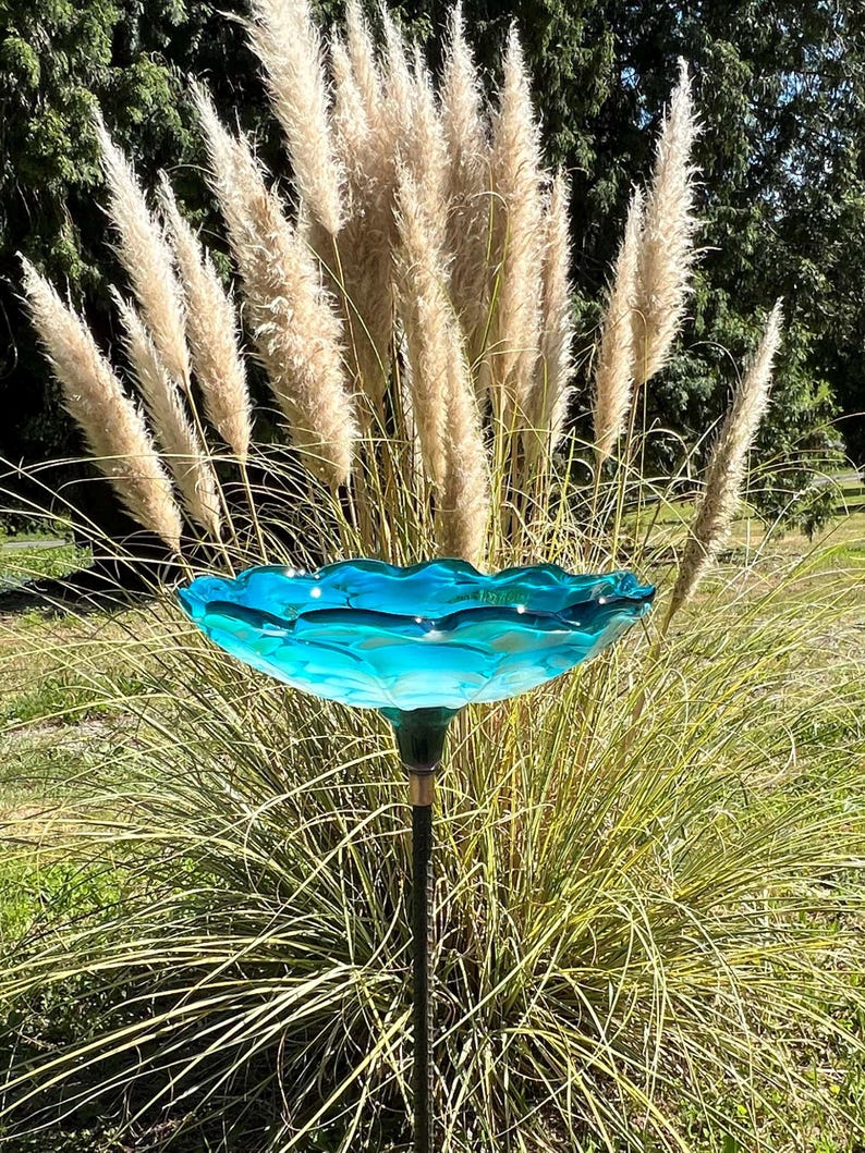 Special Garden Art: Blown Glass and Hand Sculpted Colorful Birdbath Gift Teal