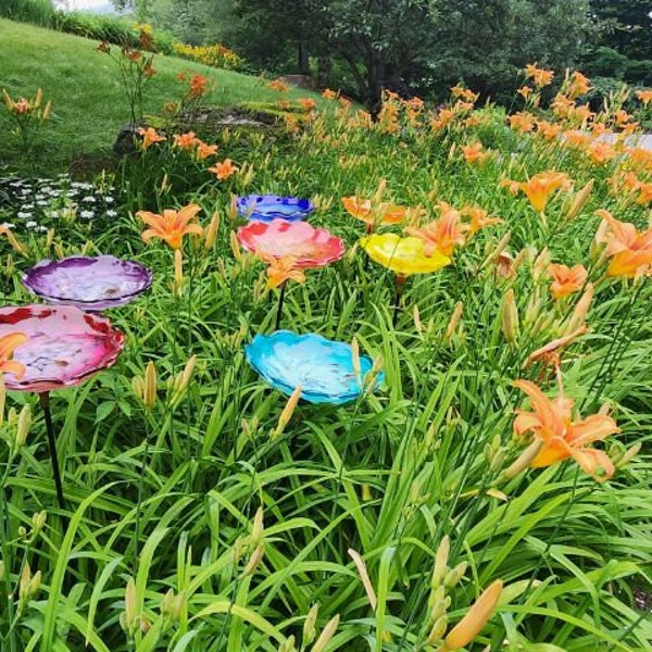 An Addition to a Floral and Garden/Yard Art-Seven Colors of  Free Handmade Sculpted Blown Glass Bird Baths - by LaChaussee_Blown_ Glass