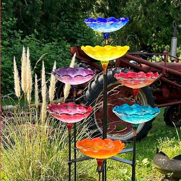 Special Garden Art: Blown Glass and Hand Sculpted Colorful Birdbath Gift