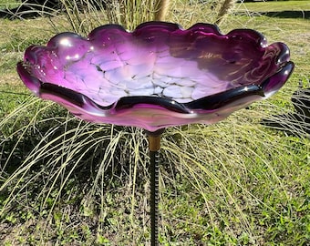 Hand Blown Magnificent Purple Hyacinth Glass Bird Bath: A Favorite for Garden Art
