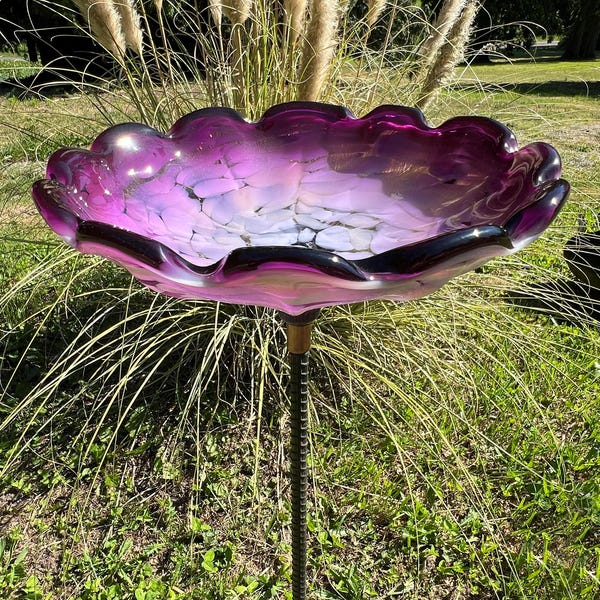 Hand Blown Magnificent Purple Hyacinth Glass Bird Bath: A Favorite for Garden Art