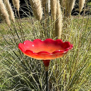 May include: A red and orange glass bird bath with a scalloped edge, mounted on a black metal stand. The bird bath is set against a backdrop of tall ornamental grasses.