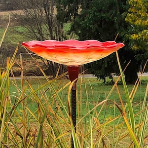 Red Bird Bath on top of rebar.