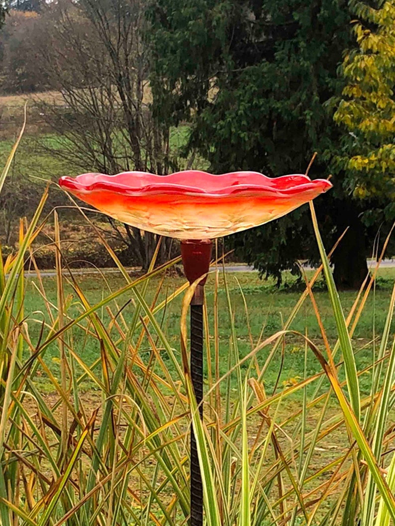 Red Bird Bath on top of rebar.