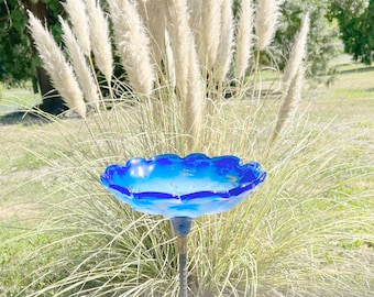 A Ceremonial Cobalt Blue Bird Bath Sculpted and Handblown Art Glass