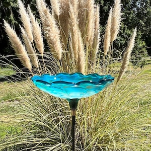 Turquoise Bird Bath Brings Harmony to your Garden -Sculpted Handblown Glass Art.