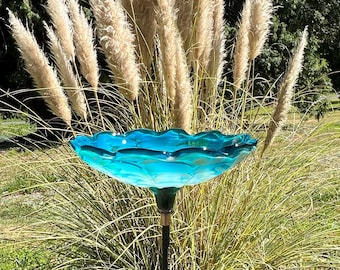 Stunning Turquoise Bird Bath Brings Harmony to your Garden -Sculpted Handblown Glass Art.