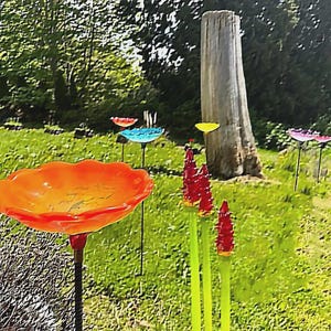 Seven Bird Baths with The Orange Birdbath closeup.  The Red Torch Lillies we make also.