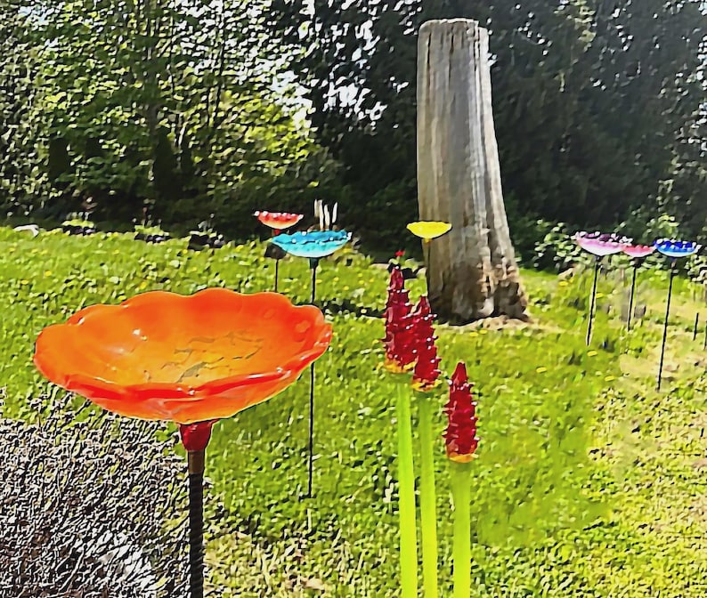 Seven Bird Baths with The Orange Birdbath closeup.  The Red Torch Lillies we make also.