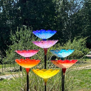 An Addition to a Floral, Garden/Yard Art-Seven Colors of  Free Handmade Sculpted Blown Glass Bird Baths - by LaChaussee_Blown_ Glass