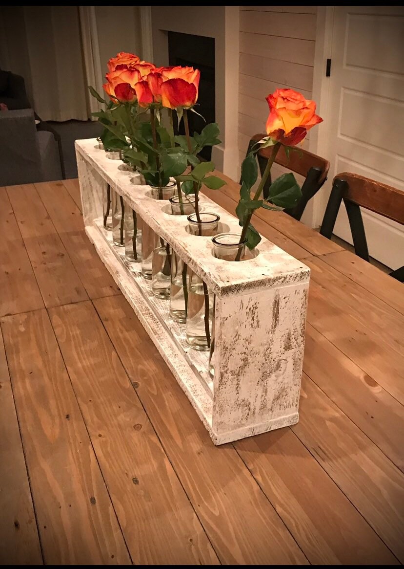 Reclaimed Wood table centerpiece with vintage floral vases. Etsy