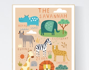 May include: A colorful illustration of animals found on the savanna. The animals include a hippopotamus, elephant, buffalo, zebra, cheetah, giraffe, and lion. The text "THE SAVANNAH" is at the top of the image.