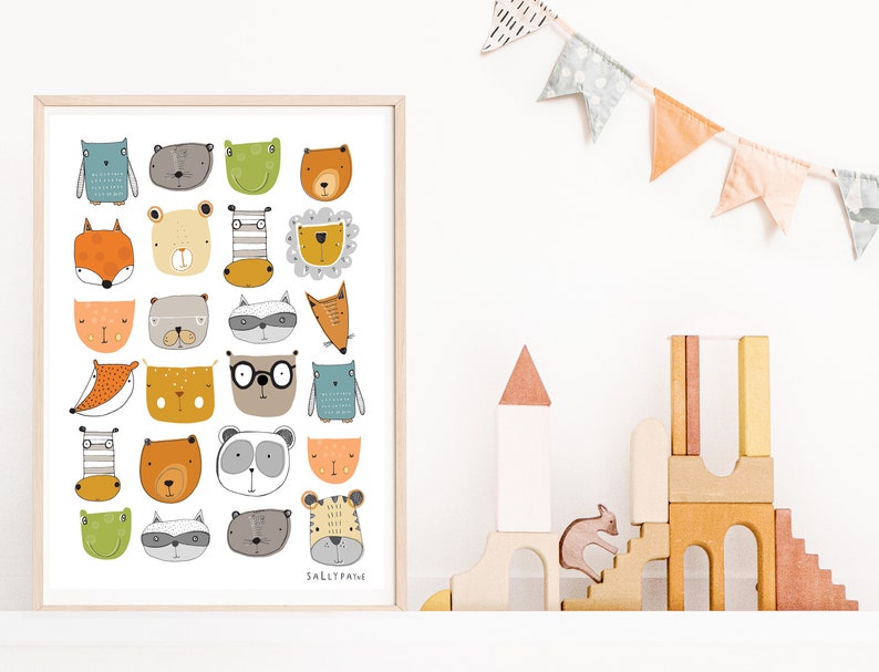 Animal faces print Wall art wall art Children's prints Children's wall art Children's Illustration image 3