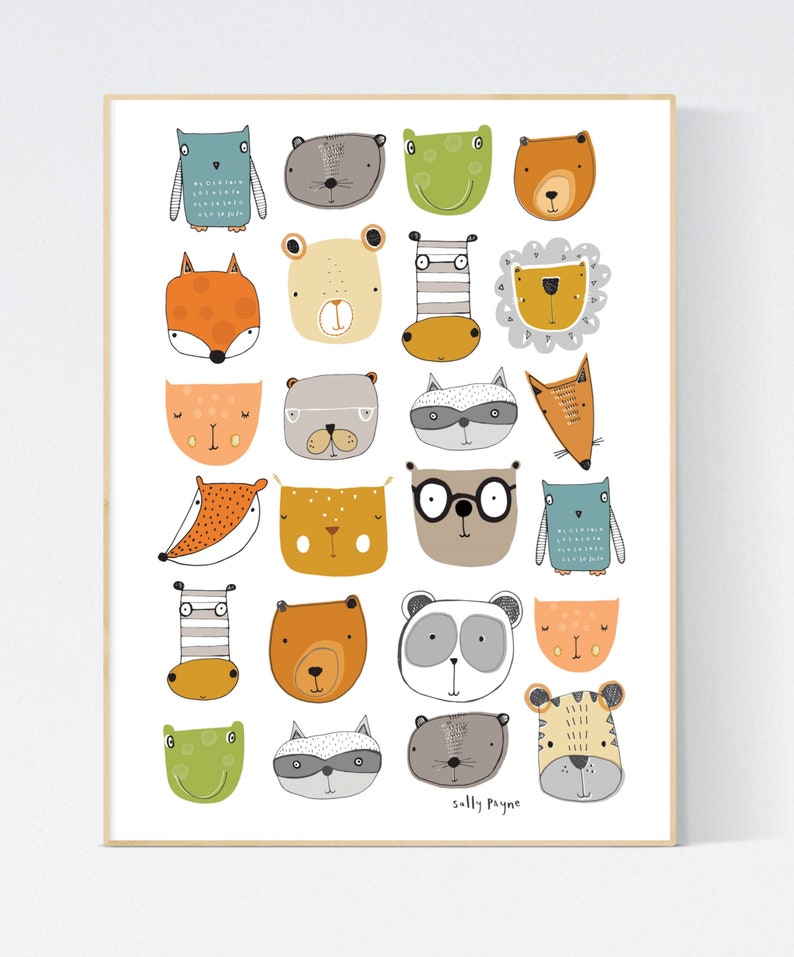 Animal faces print Wall art wall art Children's prints Children's wall art Children's Illustration image 1