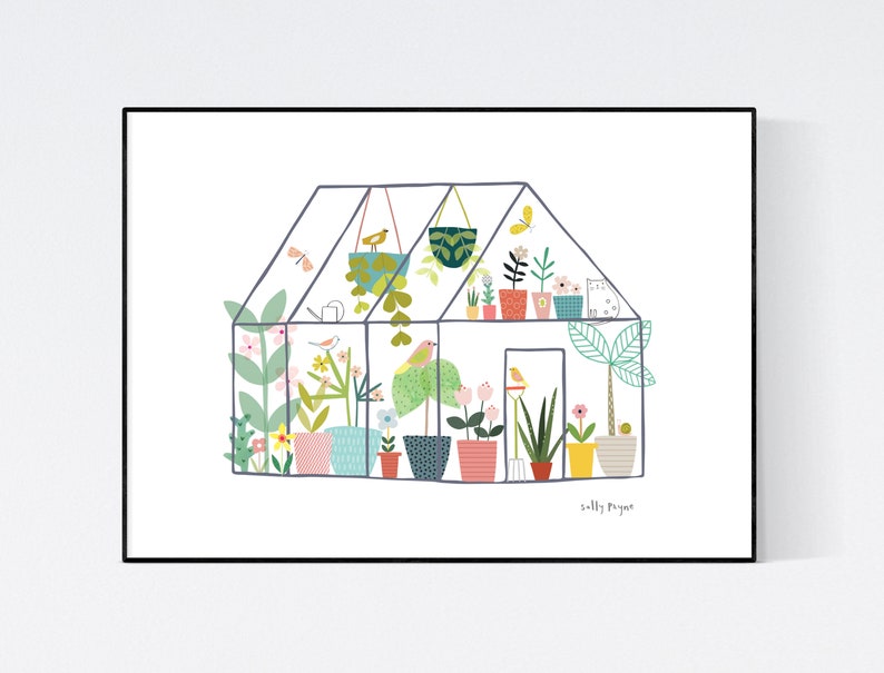 May include: A colourful illustration of a greenhouse filled with plants, flowers, and birds. The greenhouse is drawn in a simple, whimsical style with a black outline. The text "Sally Payne" is written in the bottom right corner.