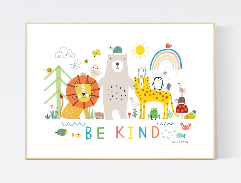 Be kind animal wall print wall art Wall prints Children's wall art image 1