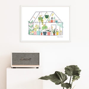 May include: A colourful illustration of a greenhouse filled with plants and flowers. The greenhouse is drawn in a simple, whimsical style with a white background. The text "Sallypaine" is at the bottom of the image.