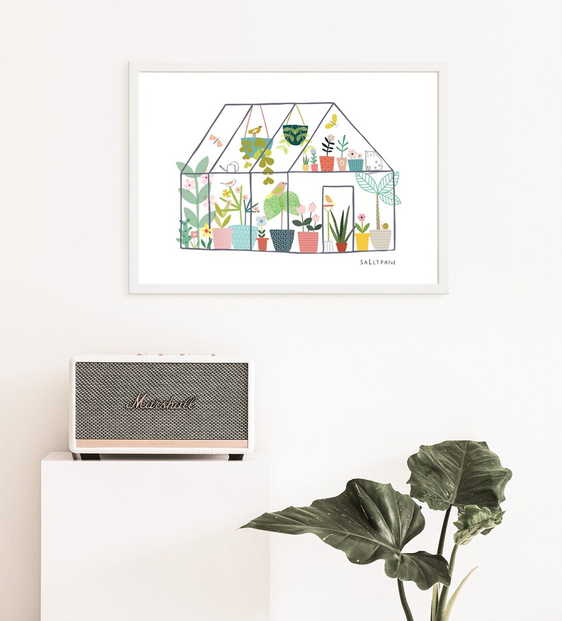 May include: A colourful illustration of a greenhouse filled with plants and flowers. The greenhouse is drawn in a simple, whimsical style with a white background. The text "Sallypaine" is at the bottom of the image.