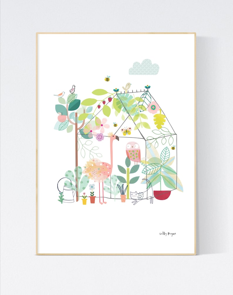 May include: A colorful illustration of a greenhouse with a pink flamingo, an owl, a cat, and bees. The greenhouse is filled with plants and flowers. The text "Sally Payne" is at the bottom of the image.