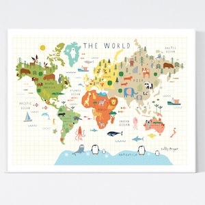 Die Welt illustrierte Wandkarte - Wandkunst - Kinderdrucke - Kinderwandkunst - Kinder Illustration