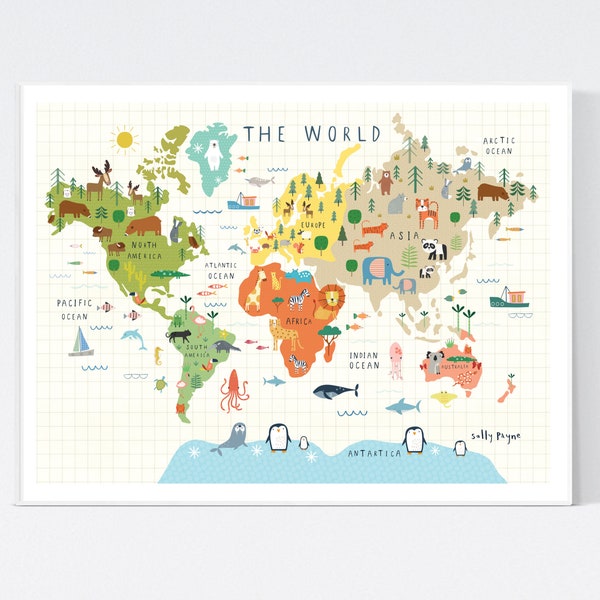The World illustrated wall map-  wall art -  Children's prints -  Children's wall art - Children's Illustration