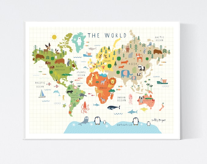 The World illustrated wall map-  wall art -  Children's prints -  Children's wall art - Children's Illustration