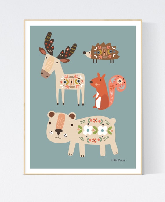 Woodland animals folk print-  wall art