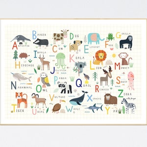 Lámina de pared con alfabeto de animales - Arte de pared - Láminas infantiles - Arte de pared infantil - Arte de pared para guardería