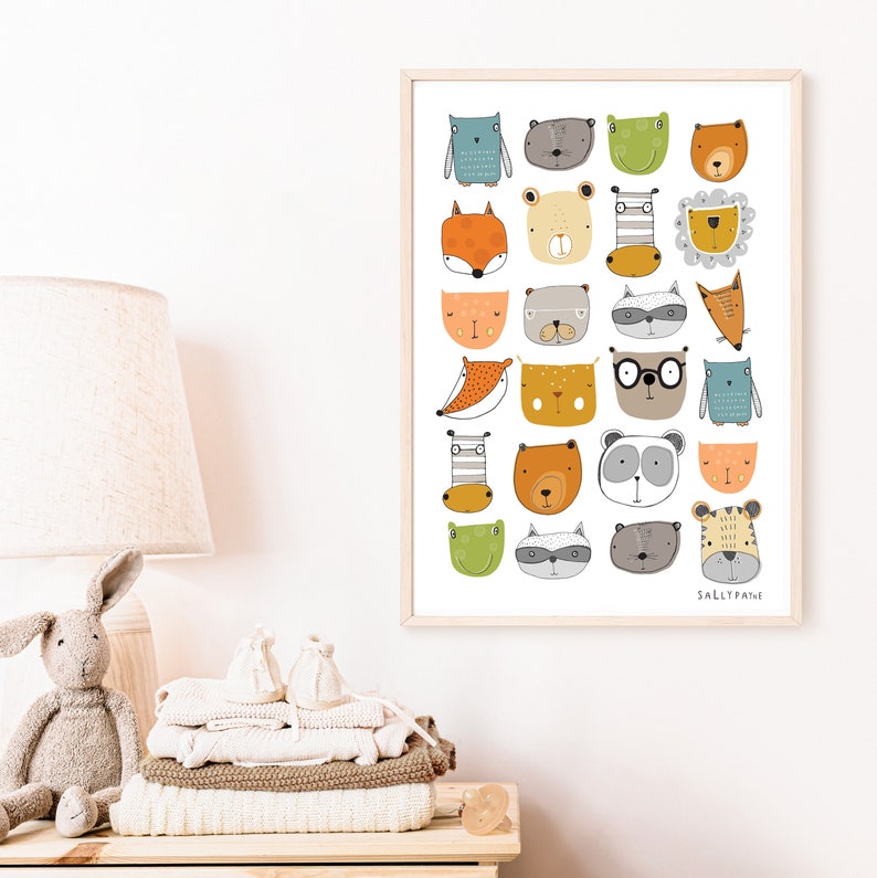 Animal faces print Wall art wall art Children's prints Children's wall art Children's Illustration image 2