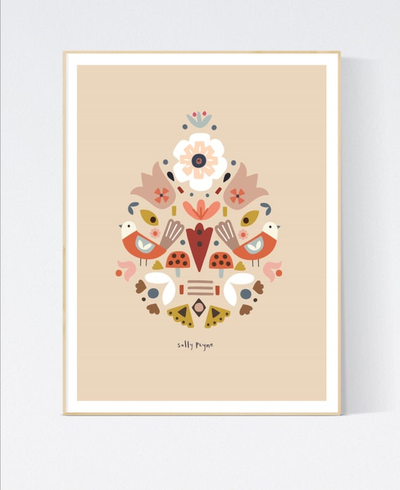 Folk bird symmetrical print-  children's prints