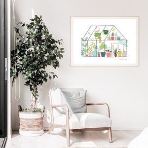 May include: A framed illustration of a greenhouse filled with plants and flowers. The illustration is in a modern style with bright colours and simple lines. The text "Sallyanne" is at the bottom of the illustration.