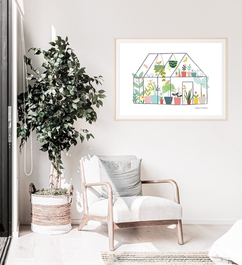 May include: A framed illustration of a greenhouse filled with plants and flowers. The illustration is in a modern style with bright colours and simple lines. The text "Sallyanne" is at the bottom of the illustration.
