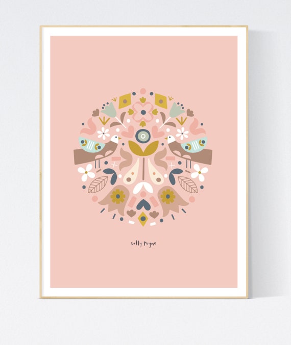 Folk bird symmetrical print-  children's prints