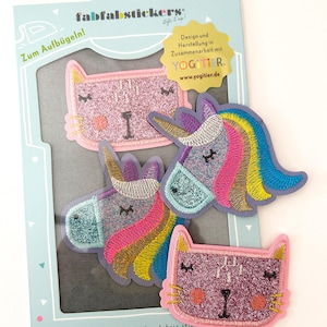 Fabric embroidered stickers to iron on clothing - Unicorn and Cat- fabric transfer