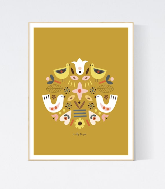 Folk bird symmetrical print-  children's prints