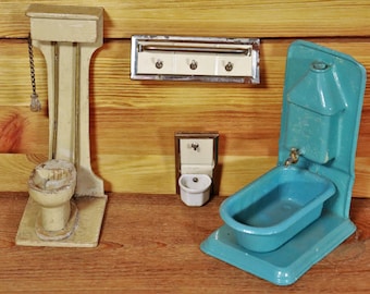 Antique Dollhouse Bathroom Wooden and Tin Toys Rustic / Germany #W