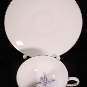 Könnte beinhalten: Weißes Teetassen- und Untertassen-Set mit silberner Zierleiste. Die Teetasse hat ein zartes blau-violettes Blumenmuster. Die Untertasse ist rund und hat eine passende silberne Zierleiste. Ein klassisches und elegantes Teeservice.
