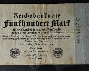 Reichsbanknote 500 Mark 1922 D0665360 / 1#D