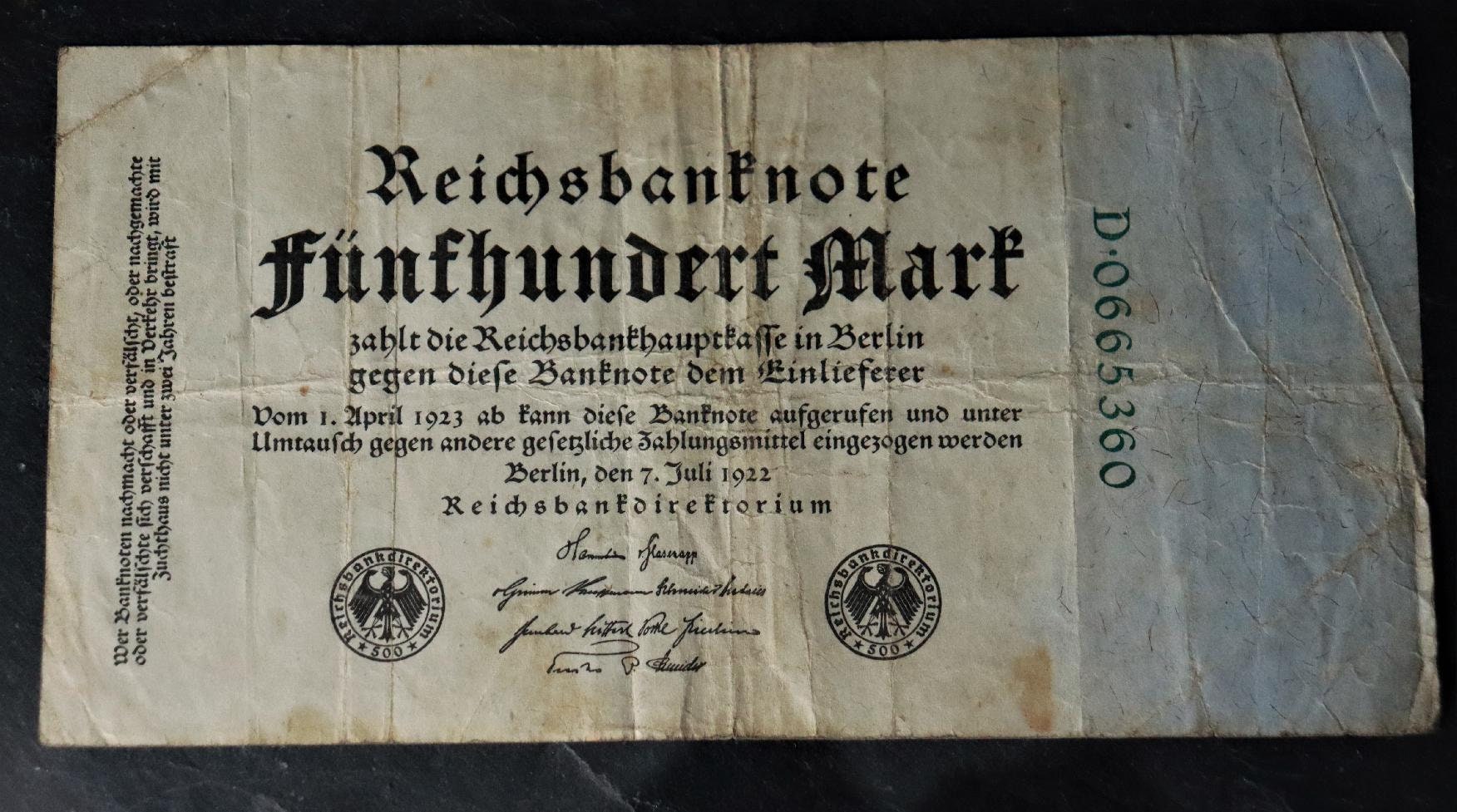 Reichsbanknote 500 Marks 1922 D0665360 / 1D