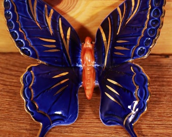 Edle Ernst Bohne Rudostadt Porzellan Figur Schmetterling Kobalt-Golddekor #N