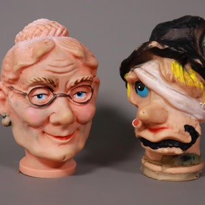 Old hand puppets grandmother & stray, Punch and Judy puppet theater - Vintage #W