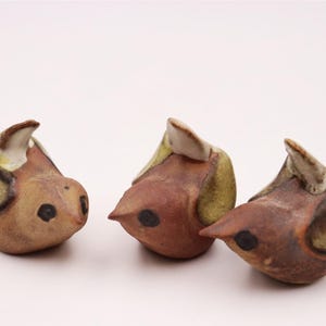 Könnte beinhalten: Drei kleine Keramik-Vogelfiguren mit brauner, brauner und grüner Glasur. Die Vögel schauen sich an und haben schwarze Augen.