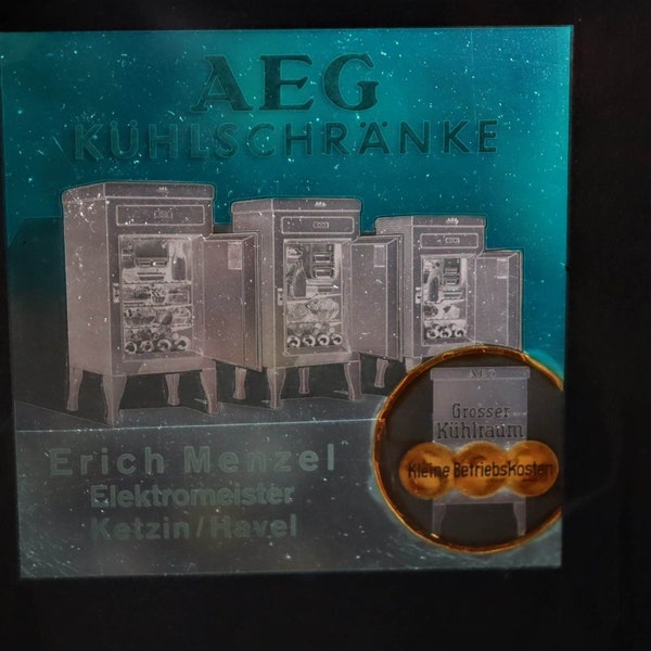 Vintage - Alte Foto Platte / Glas / Negativ / Werbung / AEG Kühlschränke / Antik #Z3