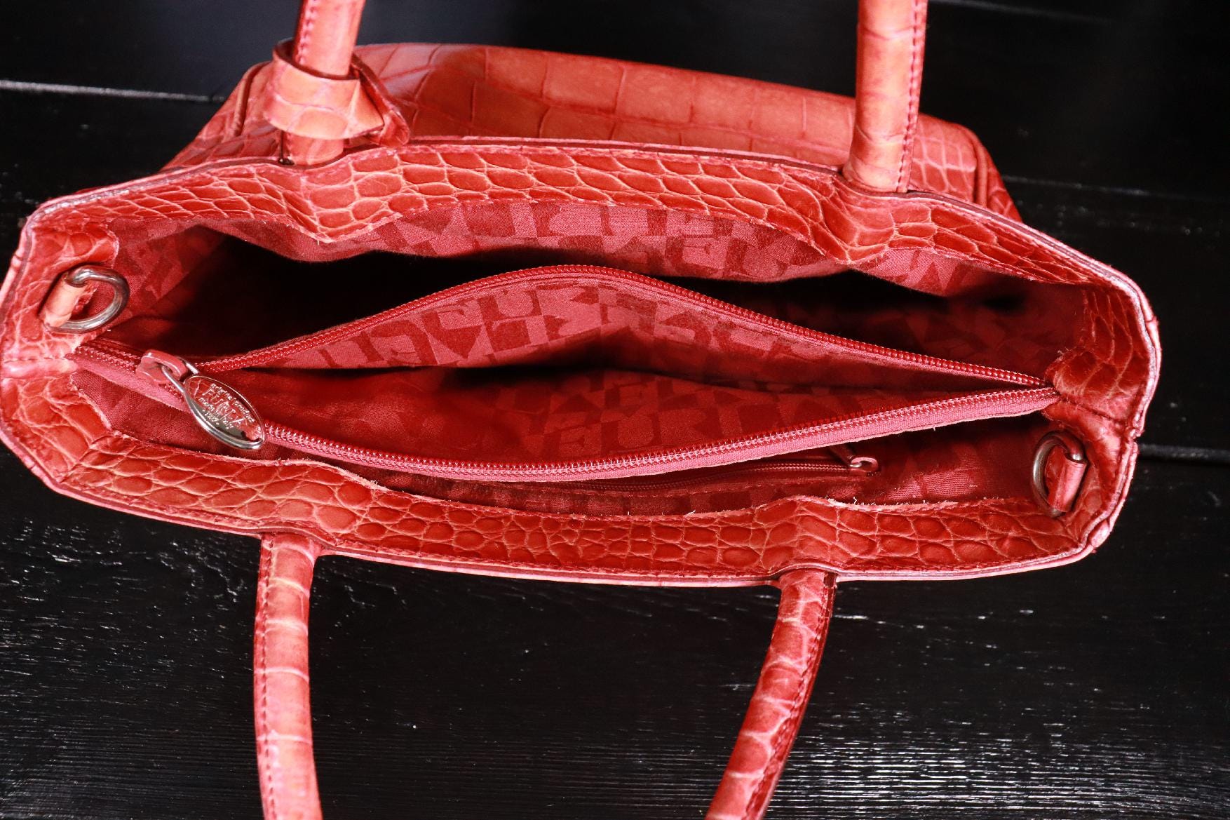 Furla Embossed Genuine Leather Tote Bag in Red Crocodile Look 