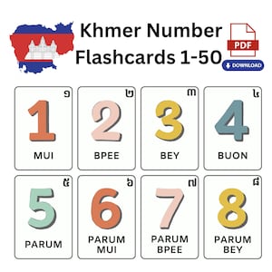 Puede incluir: Un conjunto de ocho tarjetas de memoria coloridas con los números jemeres del 1 al 8. Cada tarjeta presenta un número grande en un color diferente y la palabra jemer para el número debajo. Las tarjetas están diseñadas para ayudar a aprender los números jemeres.