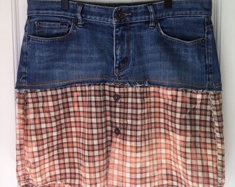 Upcycled Jeans and Flannel Skirt with Raw Eges