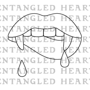 May include: A black and white line drawing of a set of fangs and a mouth with dripping blood. The text "ENTANGLED HEART" is repeated in the background.