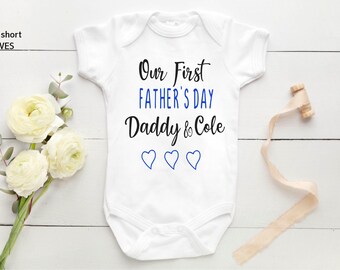 Personalised Baby Vest Bodysuit Happy First Fathers Day Named Blue Baby Romper