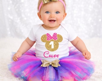 Personalised First Birthday Girl Tutu Outfit – Custom Name Baby Bodysuit Tulle Skirt & Headband Set